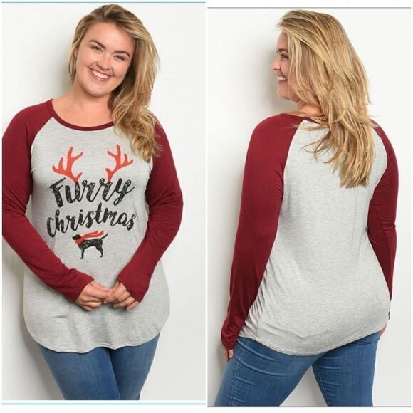 'Furry Christmas' Raglan Sleeve Plus Size Tshirt - Picture 1 of 3